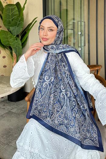 Lamelif Retro Desen Soft Şal Lacivert Bej