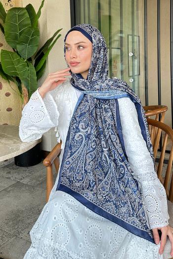 Lamelif Retro Desen Soft Şal Lacivert Bej