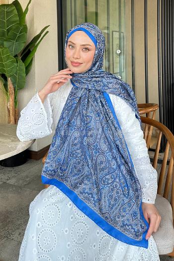 Lamelif Retro Desen Soft Şal Mavi