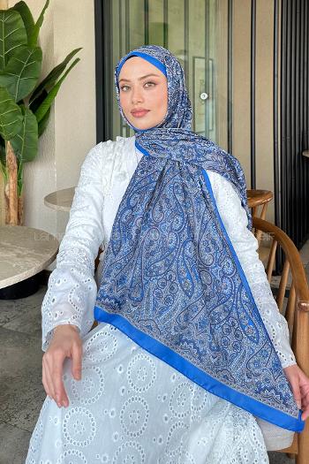 Lamelif Retro Desen Soft Şal Mavi