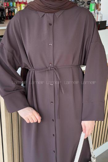 Lamelif Takma Manşet Detaylı Dabıl Tesettür Elbise Kahverengi