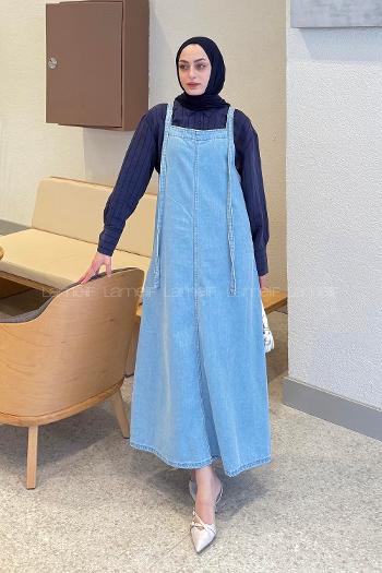 Lamelif Askılı Denim Salopet Elbise  Buz Mavisi