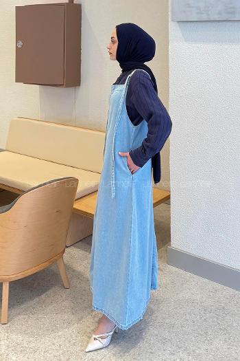 Lamelif Askılı Denim Salopet Elbise  Buz Mavisi
