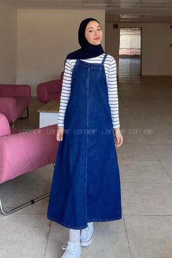 Lamelif Askılı Denim Salopet Elbise Koyu Mavi