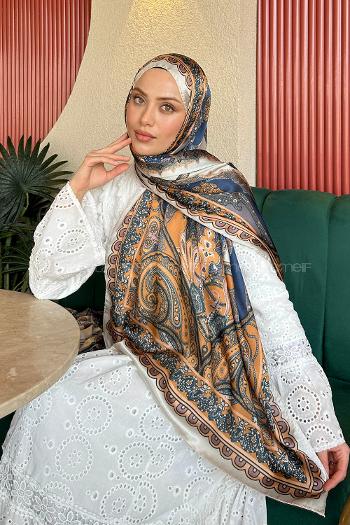 Lamelif  İthal İpeksi Vual Retro Desen Şal Ekru Tarçın