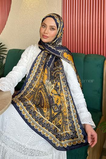 Lamelif  İthal İpeksi Vual Retro Desen Şal Lacivert Gold
