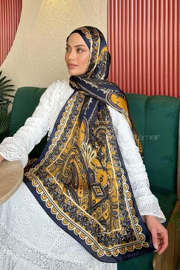 Lamelif  İthal İpeksi Vual Retro Desen Şal Lacivert Gold