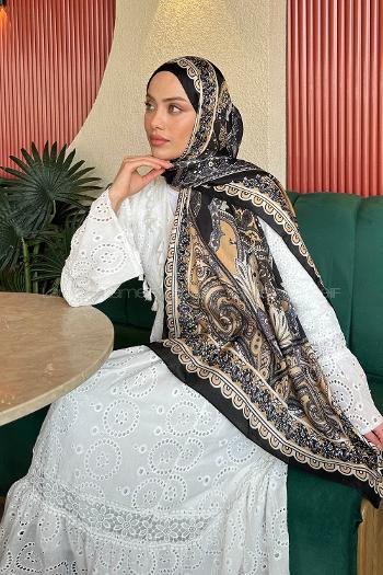 Lamelif  İthal İpeksi Vual Retro Desen Şal Siyah Camel