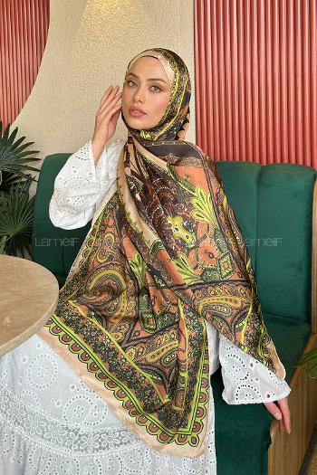 Lamelif  İthal İpeksi Vual Retro Desen Şal Yavru Ağzı Fıstık Yeşili