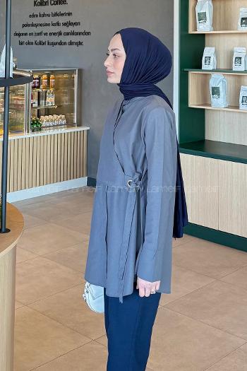 Anthracite Mandarin Collar Cotton Unprinted Tunic