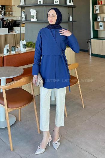 Navy Blue Mandarin Collar Cotton Unprinted Tunic