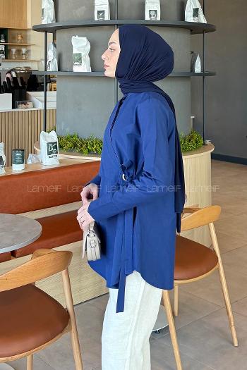 Navy Blue Mandarin Collar Cotton Unprinted Tunic