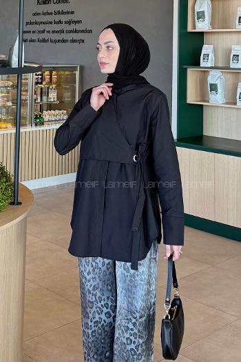 Lamelif Kuşaklı Tesettür Tunik Siyah
