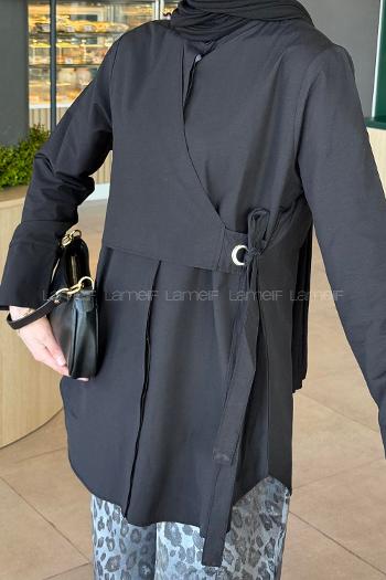 Lamelif Kuşaklı Tesettür Tunik Siyah