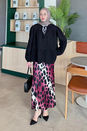 Lamelif V Yaka Kolları Lastikli Müslin Tesettür Gömlek Siyah