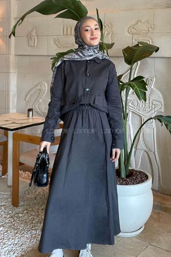 Lamelif Cep Detaylı İkili Etek  Tesettür Takım Antrasit