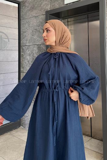 Lamelif Balon Kol Bağlamalı Tesettür Elbise Lacivert