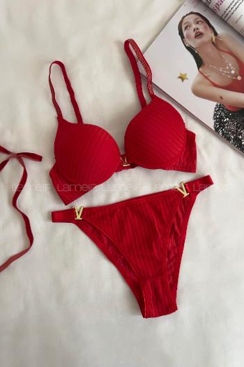Lamelif Fitilli Destekli Sütyen Takım Kırmızı Renk
