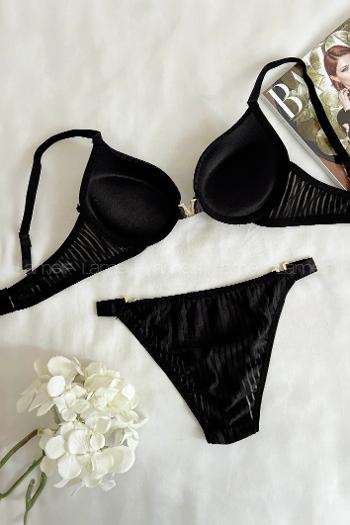 Lamelif Fitilli Destekli Sütyen Takım Siyah Renk