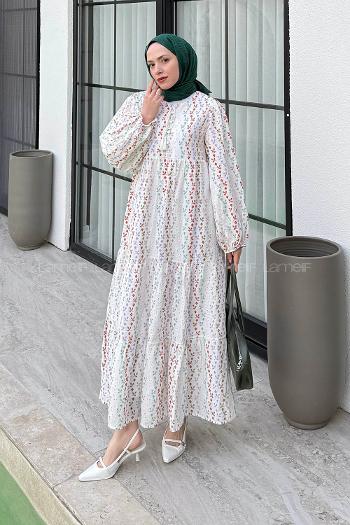 Lamelif Renkli Brode Detaylı Uzun Tesettür Elbise Beyaz