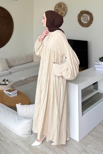 Lamelif Balon Kol Uzun Tesettür Elbise Krem