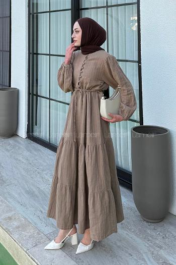 Lamelif Bel Büzgülü Tesettür Elbise Vizonrengi