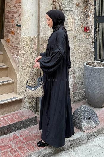 Lamelif Balon Kol Uzun Tesettür Elbise Siyah