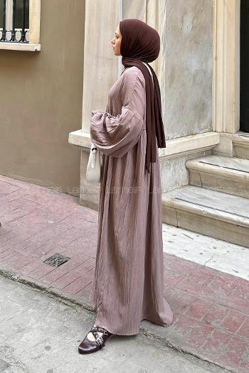 Lamelif Balon Kol Uzun Tesettür Elbise Soft Kahve