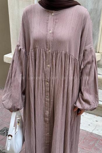 Lamelif Balon Kol Uzun Tesettür Elbise Soft Kahve