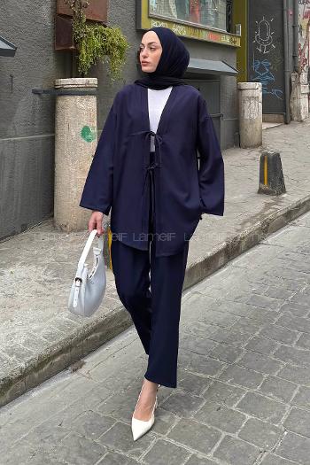 Navy Blue V Neck Long Arm Viscose Fabric Regular Trousers Comfortable Suit