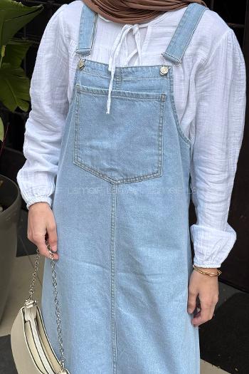 Lamelif Ön Cep Detaylı Denim Salopet Elbise Buz Mavisi