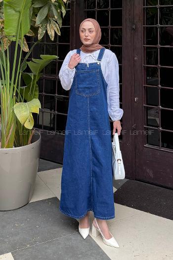 Lamelif Ön Cep Detaylı Denim Salopet Elbise Koyu Mavi
