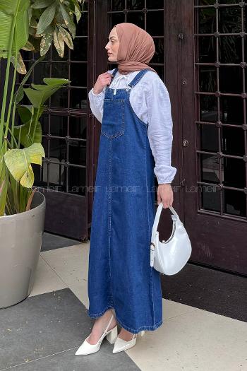 Lamelif Ön Cep Detaylı Denim Salopet Elbise Koyu Mavi