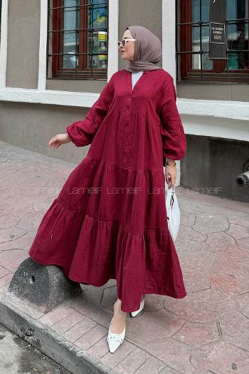 Lamelif Ön Yarım Düğme Detaylı Müslin Kumaş Tesettür Elbise Bordo