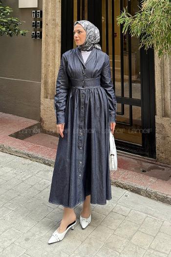 Lamelif Önü Dikişli Tesettür Elbise Kot Mavisi