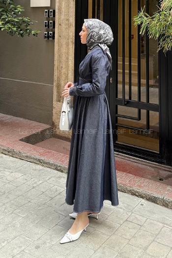Lamelif Önü Dikişli Tesettür Elbise Kot Mavisi