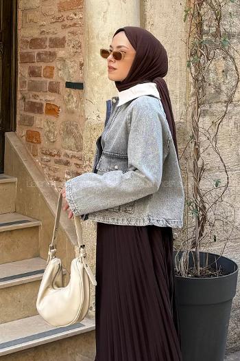 Lamelif Çıtçıtlı Krem Gömlek Yaka Detaylı Denim Ceket Gri