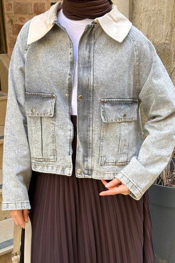 Lamelif Çıtçıtlı Krem Gömlek Yaka Detaylı Denim Ceket Gri