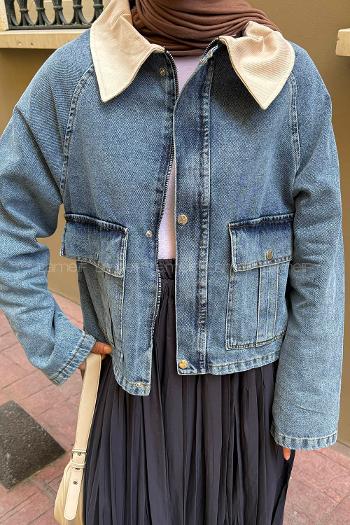 Lamelif Çıtçıtlı Krem Gömlek Yaka Detaylı Denim Ceket Kot Mavisi