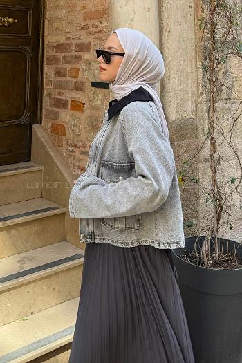 Lamelif Çıtçıtlı Siyah Gömlek Yaka Detaylı Denim Ceket Gri