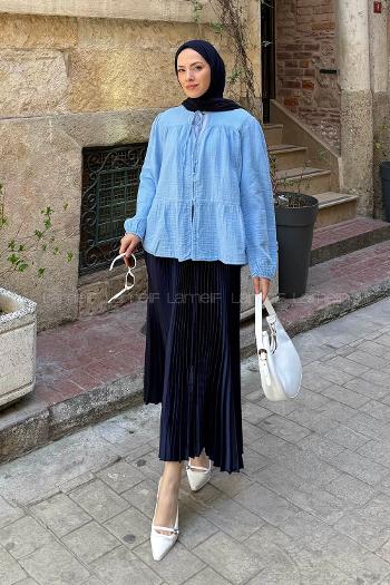 Lamelif V Yaka Kolları Lastikli Müslin Tesettür Gömlek Bebe Mavisi