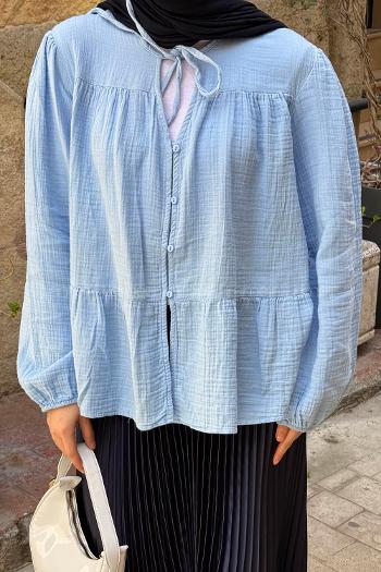 Lamelif V Yaka Kolları Lastikli Müslin Tesettür Gömlek Bebe Mavisi