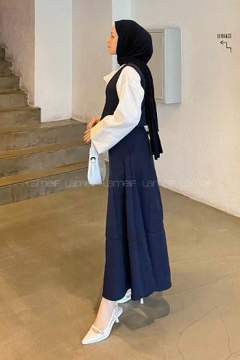 Navy Blue V Neck Zero Arm Cotton Flare Suit