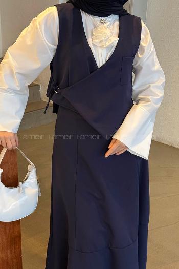 Navy Blue V Neck Zero Arm Cotton Flare Suit