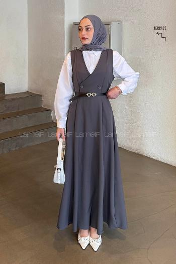 Lamelif Düğme Detaylı Kolsuz Tesettür Elbise Antrasit