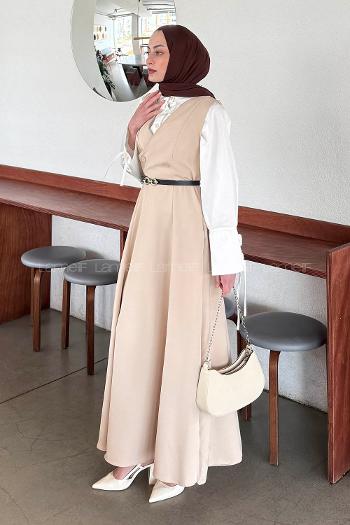 Lamelif Düğme Detaylı Kolsuz Tesettür Elbise Bej