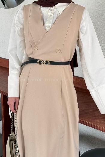 Lamelif Düğme Detaylı Kolsuz Tesettür Elbise Bej