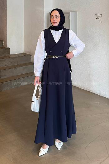 Navy Blue V Neck Cotton Elastan Polyester Dresess