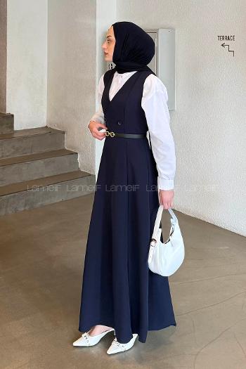 Navy Blue V Neck Cotton Elastan Polyester Dresess