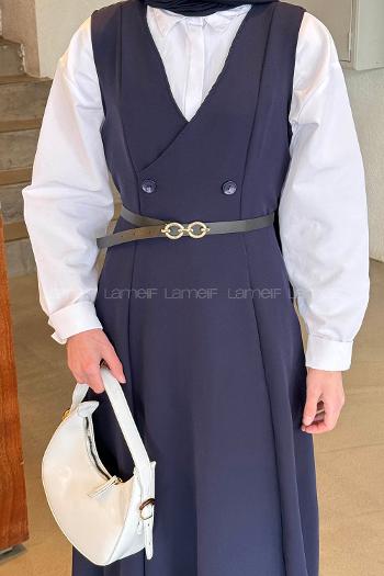 Navy Blue V Neck Cotton Elastan Polyester Dresess